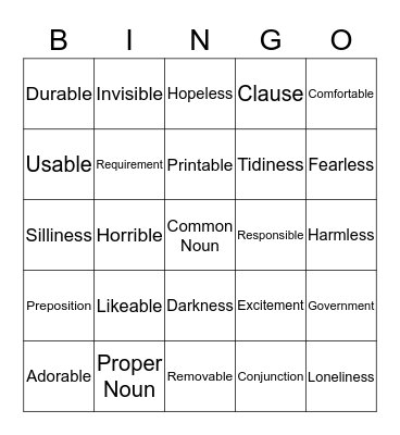 Teacher Buck's English Bingo Card