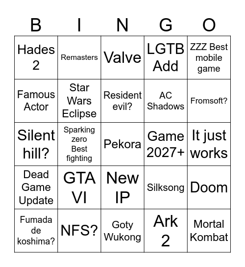 VGA Bingo 2024 Bingo Card