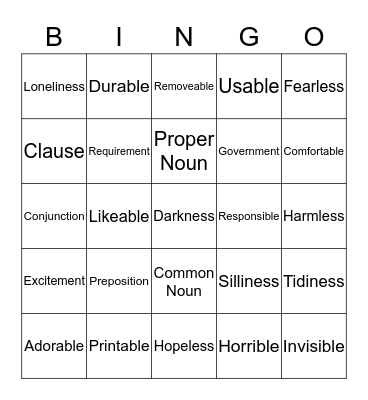 Teacher Buck's English Bingo Card