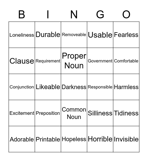 Teacher Buck's English Bingo Card