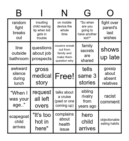 Thanksgiving Dysfunctional Family Bingo Card