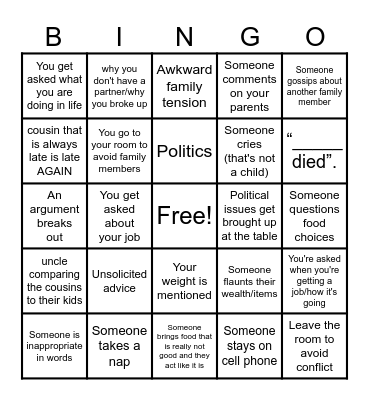 Dysfunctional Family Bingo Card
