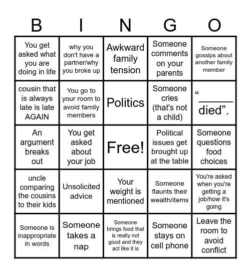 Dysfunctional Family Bingo Card