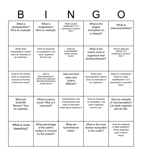 Marine Science Semester 1 Review Bingo Card