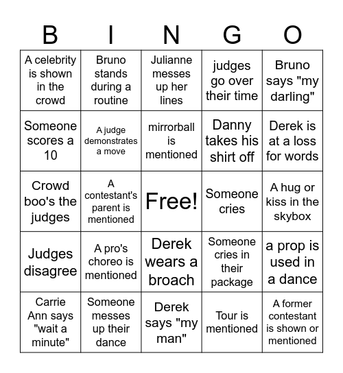 DWTS BINGO Card