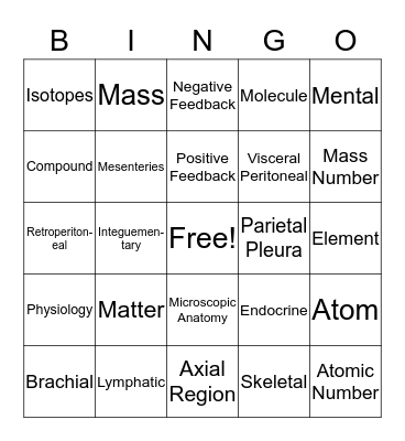 anatomy Bingo Card