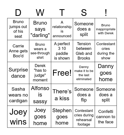 Dancing With The Stars!!! Bingo Card