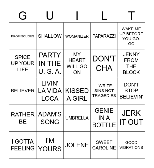 GUILTY PLEASURES Bingo Card