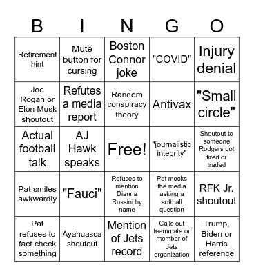 Pat McAfee-Aaron Rodgers BINGO! Bingo Card