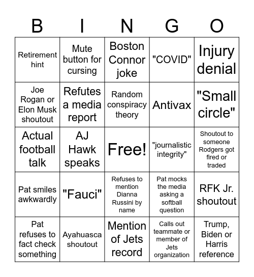 Pat McAfee-Aaron Rodgers BINGO! Bingo Card