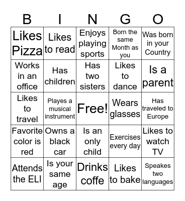 Getting to know you Bingo Card