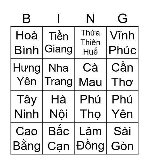 HÀNH TRÌNH XUYÊN VIỆT Bingo Card