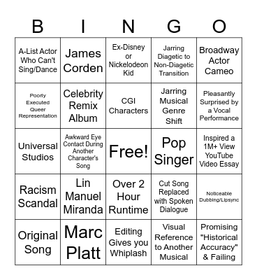 Modern Movie Musical Bingo Card