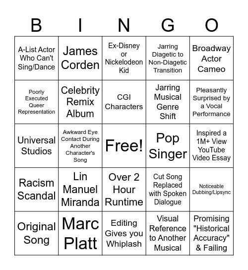 Modern Movie Musical Bingo Card