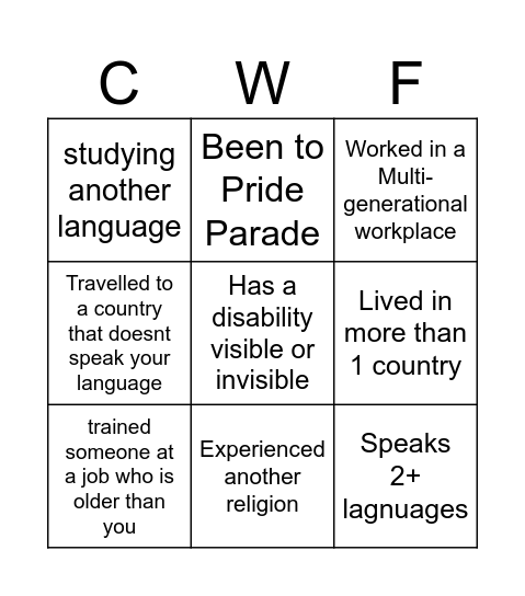 Diversity in the workplace Bingo Card