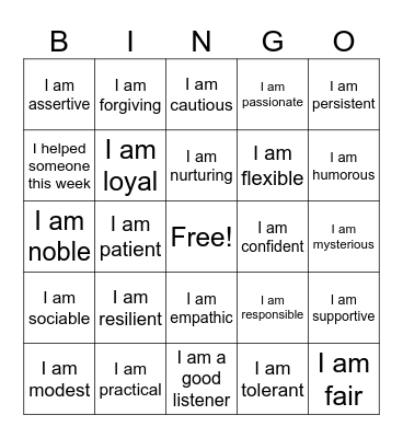 Self Esteem Bingo Card