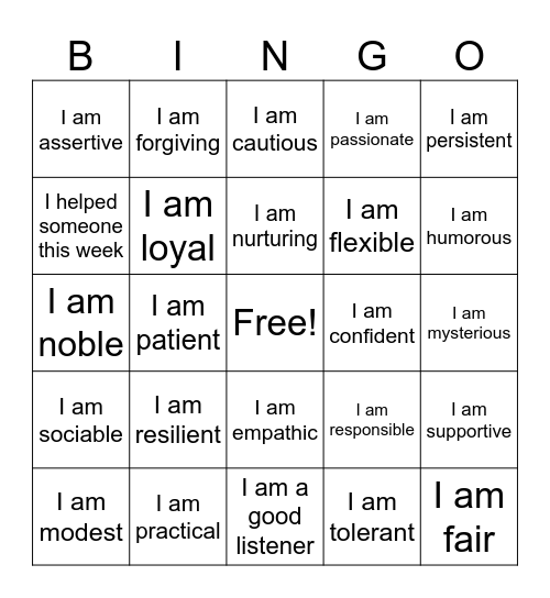 Self Esteem Bingo Card