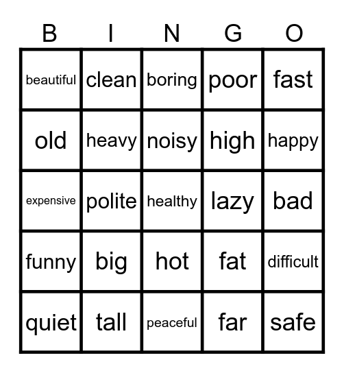 OPPOSITES Bingo Card