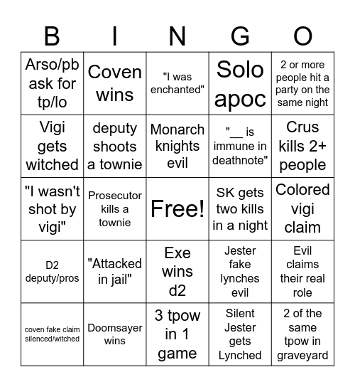 Town of Salem 2 Bingo Card