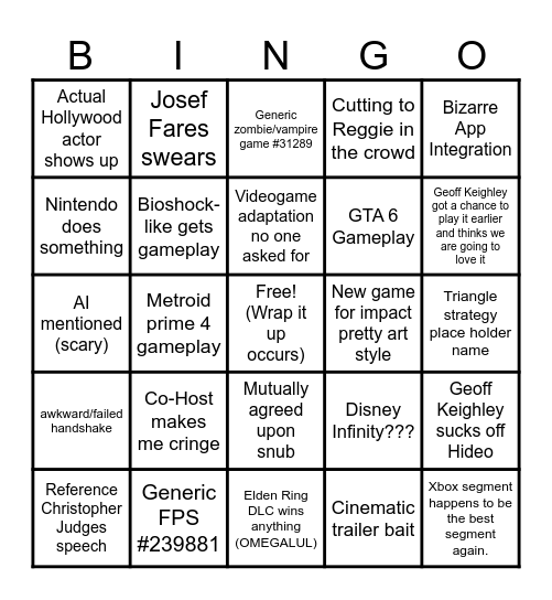 Game Awards Dani Bingo Card