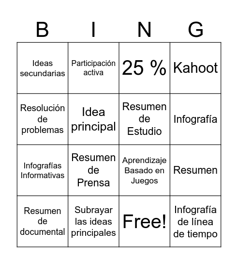 Técnicas de Aprendizaje Bingo Card