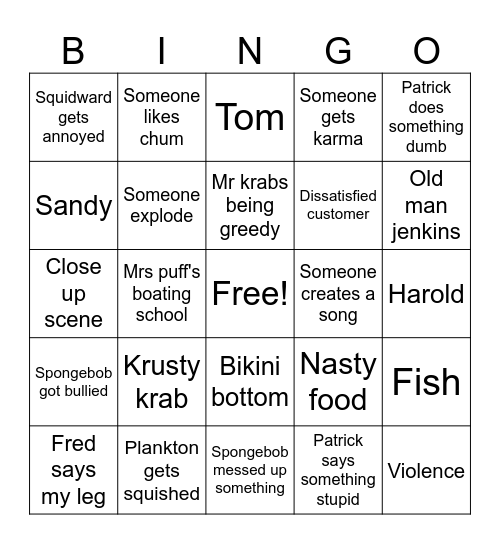 Spongebob Bingo Card