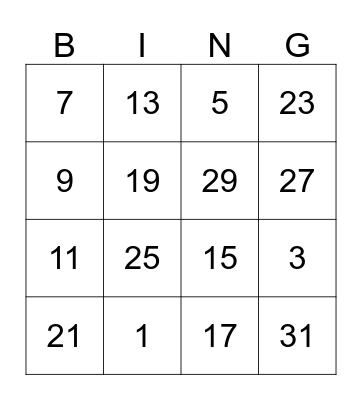 Mental Maths Sorts  Bingo Card