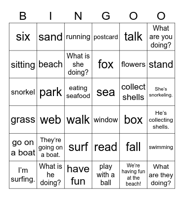 UNIT 5: WE'RE HAVING FUN AT THE BEACH! Bingo Card