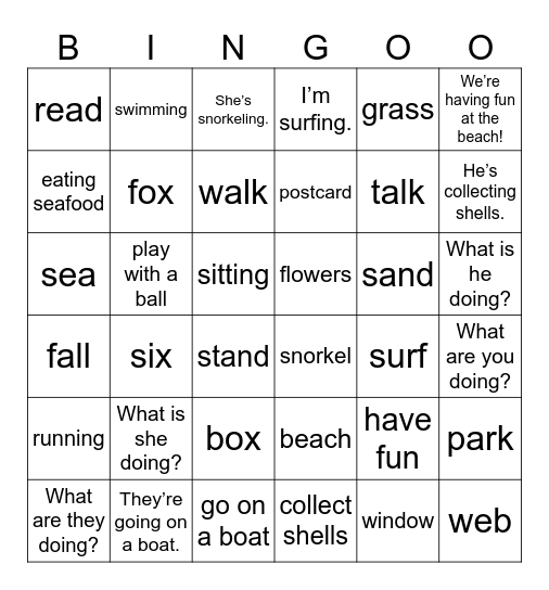 UNIT 5: WE'RE HAVING FUN AT THE BEACH! Bingo Card