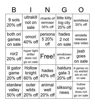 Steam Autumn sale Bingo Card