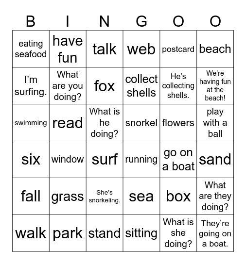 UNIT 5: WE'RE HAVING FUN AT THE BEACH! Bingo Card