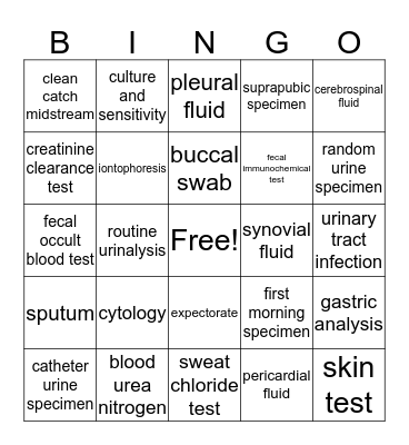 Urinalysis, Body Fluids, and Other Specimens Bingo Card