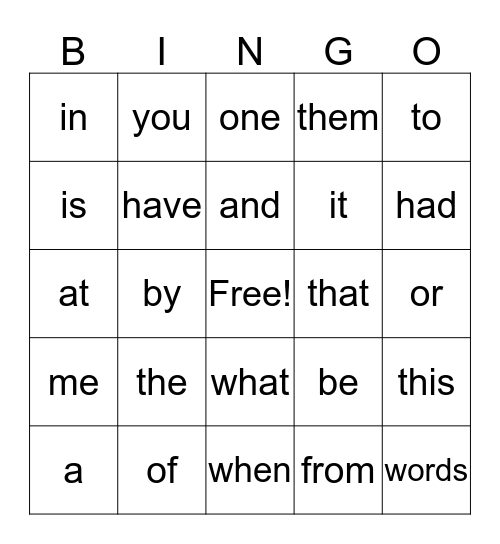 List 1A / b Bingo Card