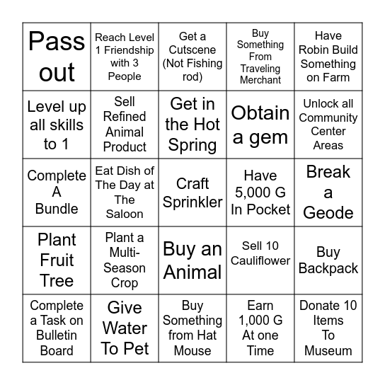 Stardew Valley Lockout Bingo Card