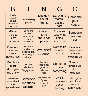 Our Dysfunctional Family Bingo Card