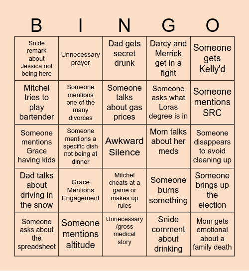 Our Dysfunctional Family Bingo Card