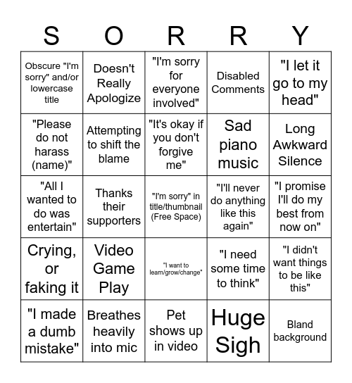 Youtuber Apology Video Bingo Card