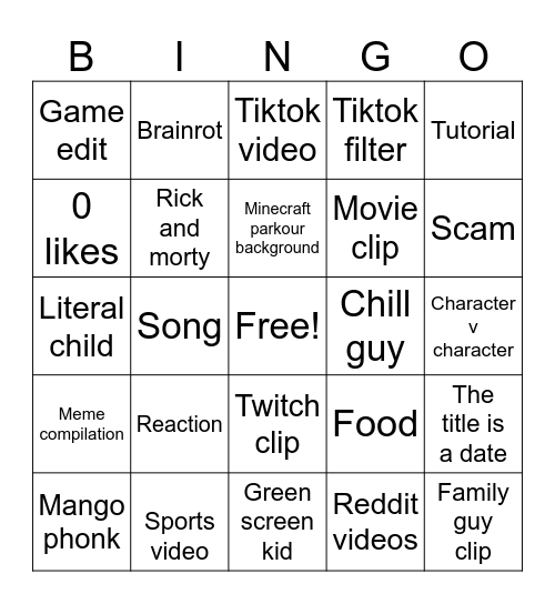 YouTube shorts Bingo Card