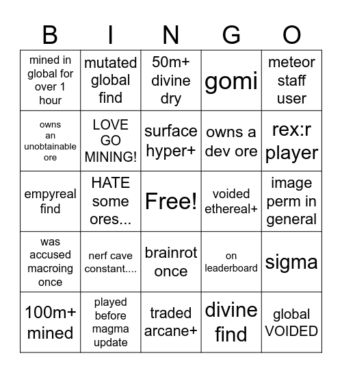 Go Mining Bingo Card