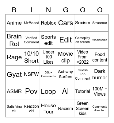 Youtube Shorts Bingo Card