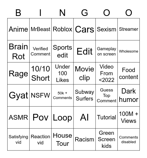 Youtube Shorts Bingo Card