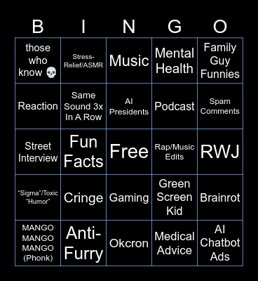 Shorts Bingo Card