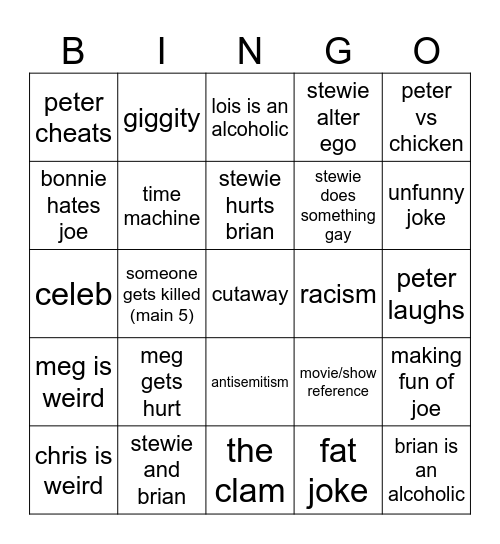 family guy Bingo Card