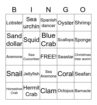 Marine Invertebrate Bingo Card