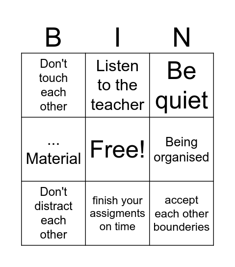 Classroom rules bingo Card