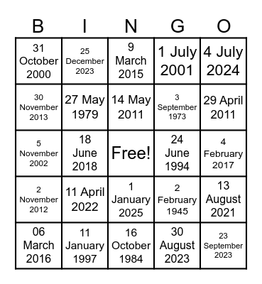 Dates Bingo Card