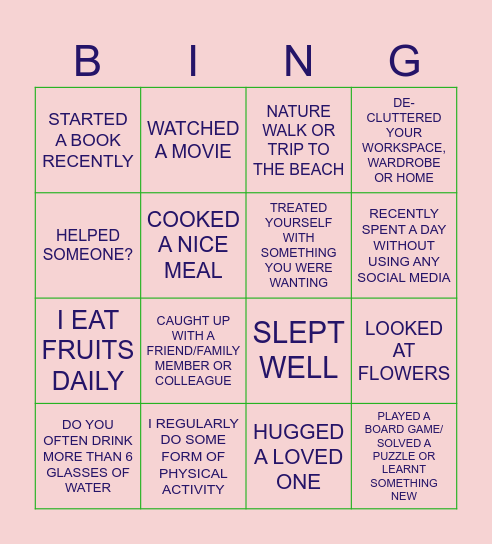 WELLBEING BINGO Card