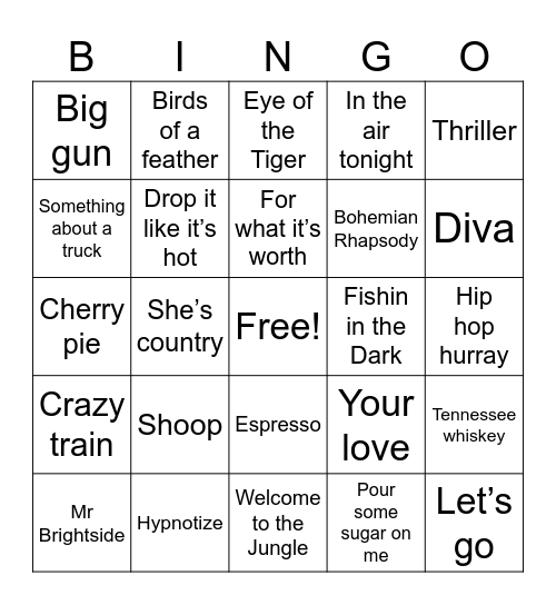 Music Hits Bingo Card