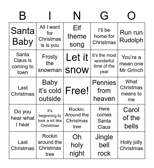 Christmas Songs Bingo Card