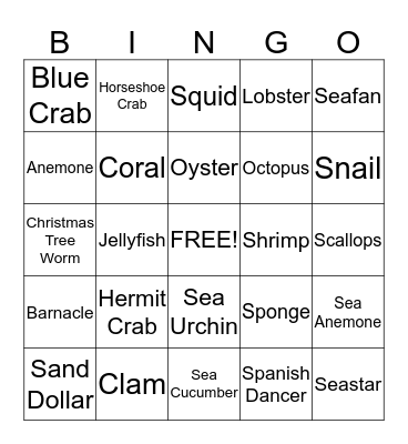 Marine Invertebrate Bingo Card